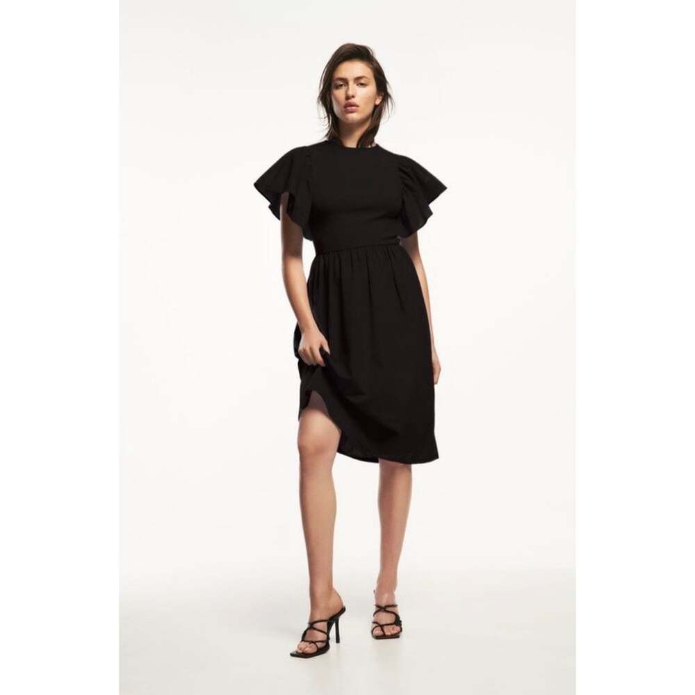 Zara Black Flutter Sleeve Midi Dress Women’s Medium M Fit Flare Romantic